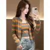 Chaqueta Cardigan de Punto Rayado con Cuello Redondo de Color Contrastante para Mujer Otoño 2026 Nuevo Estilo Petite Top de Dos Piezas en Capas