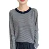 Novo suéter de malha feminino para outono e inverno com listras contrastantes, top estilo coreano, pulôver falso de duas peças com gola redonda, solto e versátil