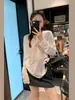 Camiseta de Punto Henley de Manga Larga con Medio Botón Zheng Chunhua Ju de Lana Suave para Mujer, Ligeramente Transparente, Corte Holgado, Cubre-todo Versátil