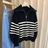 Suéter de punto con cuello de solapa, cierre de media cremallera, color de contraste, rayas, estilo perezoso de invierno para mujer, camisa básica de punto estilo occidental