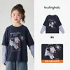 Conjunto de Otoño Pudding Haru para Niñas, Ropa Infantil Superior, Nuevo Estilo de Otoño 2026, Camiseta a Cuadros con Retazos Falsa de Dos Piezas para Niños, Moderna