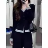 Camiseta de punto de manga larga con cuello en V, estilo dos piezas falsas, de rayón, para mujer, adelgazante, para principios de otoño