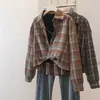 Conjunto de Duas Peças Feminino Plus Size Estilo Coreano Elegante Camisa de Xadrez Torcido Escovado Design Moderno Top Emagrecedor