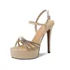Sandalias de Tacón Ultra Alto Abiertas para Mujer, Plataforma de Verano Impermeable, Tacón Delgado, Suela Gruesa, Sandalias con Pedrería y Perlas, Color Plateado, 13cm