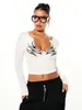 Camiseta base estampada estilo callejero de alta venta en comercio exterior transfronterizo, top corto ajustado elástico de manga larga con cuello en V, dulce y picante