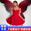 Vestido formal rojo con cintura ceñida y falda de vuelo para mujer, adecuado para banquetes, sesiones de fotos, fiestas, graduaciones, bailes de graduación y cócteles