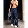 Calça de moletom azul escuro com costura contrastante, perna curva, para homens, outono, bom caimento, calça larga solta, calça esportiva casual americana de peso pesado