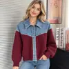 Cárdigan de Punto Patchwork de Mezclilla Transfronterizo para Mujer 2026 Otoño/Invierno Nuevo Estilo Temperamento Solapa Botón Patchwork Retro Top