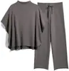 Conjunto de Tricô Cruzado de Manga Longa com Gola Alta Meia-Alta e Manga Morcego, Conjunto de Duas Peças com Calça de Perna Larga Solta e Fluida, Manga Curta para o Início do Outono