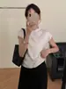 Camiseta de punto de manga corta con cuello semi-alto de terciopelo Andy para mujer, adecuada tanto para usar por dentro como por fuera, top de punto ajustado