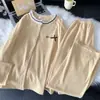 Pijama Estilo Coreano para Mulheres, Cardigan de Renda Casual com Gola Redonda, Mangas Longas e Calça, Conjunto Estilo Girly, Conjunto de Algodão para Casa