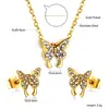Joia Versátil da Moda com Strass Coroa Fresca Pingente de Coração Colar Pequenos Brincos de Tarraxa Conjunto de Joias de Aço Inoxidável para Mulheres
