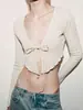 Cardigan de Tricô com Cadarço Bestseller Transfronteiriço Europeu e Americano para Mulheres, Top Curto Cropped Vazado com Babados, Manga Longa Emagrecedor Estilo Hot Girl
