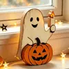 Enfeites populares de abóbora e fantasma de madeira para o Halloween, decorações de mesa para o feriado, artesanato em madeira