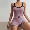 Transfronteiriço Novo Feminino Casa Elástico Pijama Sexy Renda Alça Shorts Costela Fleece Escovado