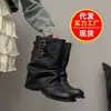 Botas vaqueras occidentales de cuero suave para mujer, estilo coreano retro de color liso con doble hebilla, para primavera y otoño de 2026