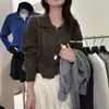 Cardigan de tricô aberto cinza estilo coreano com gola alta, macio e confortável, para mulheres, jaqueta suéter de manga comprida para outono, top curto