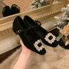 ¡Listo en Stock y Enviado en Segundos! Zapatos Estilo Mismo de Mamá de Uva con Hebillas de Diamantes, Puntera Cuadrada Pequeña, Forro de Terciopelo, Zapatos Mary Jane de Tacón Grueso de Lana