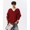Suéter de Tricô Falso Duas Peças Patchwork Americano Masculino Marca Tendência Outono Inverno Estilo College Pulôver Gola Tricô