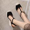 2024 Comercio Exterior Nuevos Zapatos Romanos de Suela Gruesa de Paja de Cuero Genuino con Hebilla en T Baotou Zapatos de Tacón Alto para Mujer Sandalias de Cuña