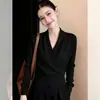 Decote em V cruzado, gola em camadas, blusa de tricô longa de beleza única, nova moda feminina tendência, blusa estilosa de manga bufante