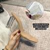2025 Nuevo Estilo de Verano Sexy Sandalias Transparentes de una Línea Sandalias de Tacón Grueso de Cristal Zapatos de Exterior para Mujer Tacones Altos de Celebridad de Internet