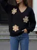 Otoño/Invierno 2026 Nuevo Estilo Europeo y Americano Suéter Pulóver de Retazos con Parche de Flor de Perlas Tridimensional Ropa de Punto para Mujer Transfronteriza