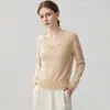 ¡Elegante, desafía la edad y adelgaza! Suéter de cachemira para mujer con detalles de encaje floral, tejido ajustado y color blanco puro