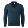 Suéter Masculino de Outono e Inverno com Meio Zíper e Gola Alta, Cor Sólida, Casual de Negócios, Gola Canelada, Quente, Pulôver, Camada Base de Tricô