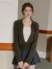 Suéter de malha com lapela em blocos de cor verde café, estilo coreano minimalista de duas peças "V Hidden Light" para mulheres, top versátil