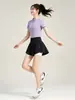 Traje de fitness de secado rápido para mujer para verano con cremallera, cuello alto, manga corta, malla transpirable, falso dos piezas de shorts, traje deportivo para correr