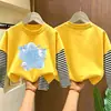 Camiseta de algodão puro de manga longa para meninas, estilo primavera e outono, corte solto, blusa base estilo duas peças falsas, gola redonda estilosa para meninas