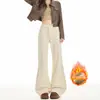 Laranja Infantil # Novo Estilo de Inverno, Forrado com Fleece, Sem Barra nas Pernas, Jeans Bootcut para Mulheres, Corte Slim, Cobre a Pele, Calça Flare Versátil, Tendência