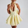 Vestido de estilo europeo y americano con cuello bajo, sin mangas, sexy, con encaje jacquard, lazo y volantes, estilo damas.