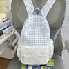 Mochila Xadrez Casual Feminina Doce de Renda Estilo Coreano para Estudantes Universitários Tendência Alta Aparência Grande Capacidade Bolsa Escolar