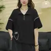 Camiseta de algodón de verano nueva, casual, holgada, con media cremallera, cuello alto, manga corta, para mujer, elegante y versátil, efecto adelgazante