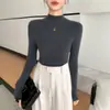 Blusa feminina de gola semi-alta, manga longa, malha sem costura, pulôver para primavera e outono, casual, versátil, básica, confortável e estilosa