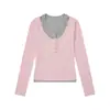 Camiseta Tricô Manga Longa Spliced Falsa Duas Peças Estilo Coreano para Mulheres, Novo Modelo 2026, Corte Slim, Toque de Alta Qualidade, Blusa Base