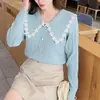 Tricô com Gola Peter Pan para Mulheres, Novo Estilo Outono 2025, Fashion e Estiloso, Suéter com Gola Reversível, Blusa de Manga Longa para Usar por Baixo