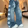 Calça jeans azul para mulheres, modelagem solta, perna larga, corte reto, lavada, design retro americano