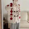 Jaqueta Cardigan Vintage Estilo Floresta com Botão de Chifre Cor Contrastante Padrão Diamante Cobre o Quadril Casual Estiloso Solto Versátil Top de Tricô
