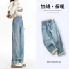 Forrado com fleece Espessado Outono e Inverno 2024 Explosões Azuis Novos Jeans de Cintura Alta Emagrecedores Perna Larga Feminino plus size Calças Retas Formato Pera
