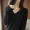 Otoño Invierno Nuevo Estilo Tejido para Mujer Cuello en V Manga Larga Suéter Top Color Sólido Estilo Coreano Holgado Capa Base Adelgazante Delgado