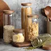 Tarro de Vidrio Redondo Transparente de Alto Borosilicato de Lujo Ligero con Tapa de Madera de Acacia Tarro de Vidrio de Grado Alimenticio para Almacenamiento Tarro de Almacenamiento para Cocina