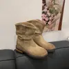 Botas versátiles de estilo coreano para mujer con punta redonda y a media pantorrilla, nueva colección otoño 2026, botas de equitación retro, forradas de felpa para abrigar, botas de moda de ante