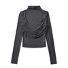 Camiseta de manga larga con diseño plisado de cuello alto medio estilo europeo y americano para mujer, otoño e invierno 2023, camiseta de doble capa para chica sexy