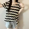 Camiseta de Verano 2026 Estilo Nuevo Talla Grande para Mujer con Bloques de Color, Rayas, Diseño Calado de Manga Corta y Cinta Irregular, Top Ligero
