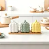 Juego Original de Botes Cerámicos Espesos para Condimentos Dopamine con Base de Madera para Almacenamiento, Bote de Sal para Cocina, Bote para Especias con Cuchara, Regalo
