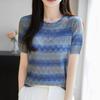 Camiseta de Punto de Manga Corta Calada a Rayas Color-Block Estilo Francés para Mujer, Diseño Verano 2025, Top Niche Adelgazante de Cuello Redondo