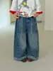 Calça Infantil Meio Yuzu Primavera 2026 Estilo Retro Coreano para Meninas Calça de Perna Larga Dobrada de Alta Qualidade Jeans Solto Infantil